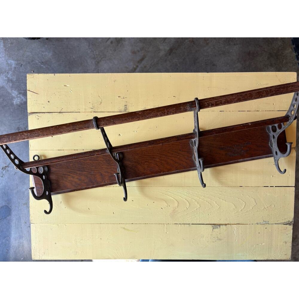 Rare Antique Udell’s Hat & Coat Rack Wood & Cast Iron Hooks Stamped 24” 4 Hooks